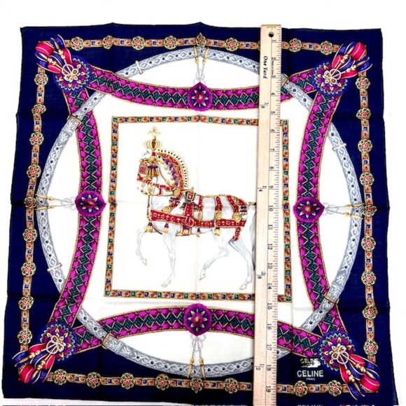 New Celine Paris Mini Scarf cotton/silk 20" beige blue horse bow logo (62) - Picture 8 of 10